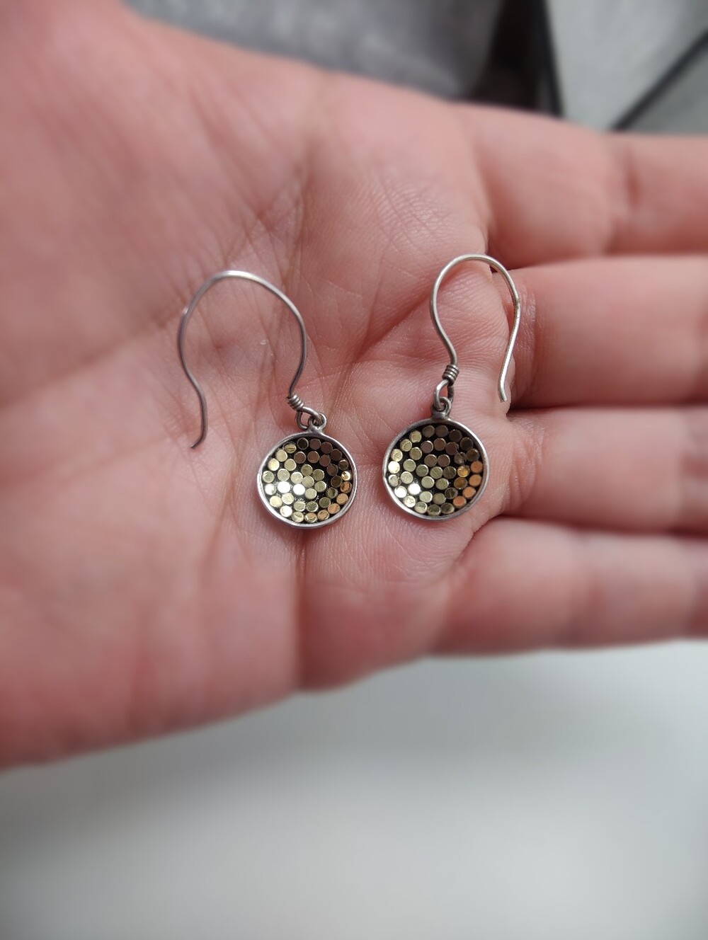 925 Sterling Silver Gold Plated Dot Disc Dangle Earrings Mixed Metal - Picture 8 of 12